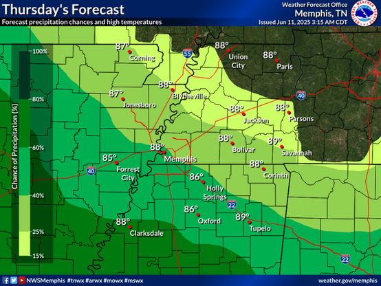 Mostly cloudy and humid on Thursday with scattered showers and thunderstorms. Highs in the upper 80s.