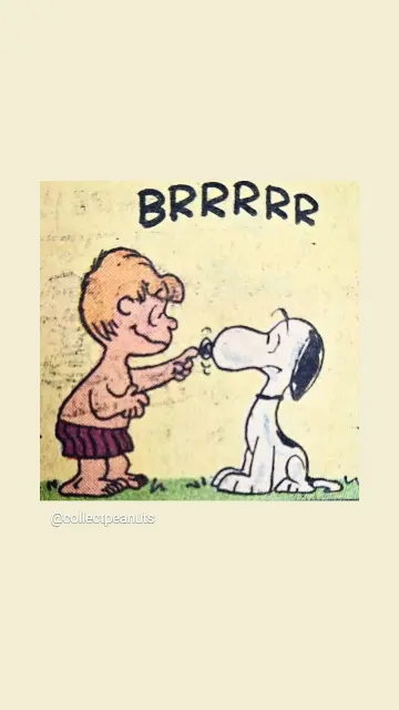 Linus in Badehose drückt mit dem Zeigefinger auf Snoopys Nase. Dieser schüttelt sich und macht "brrrr".