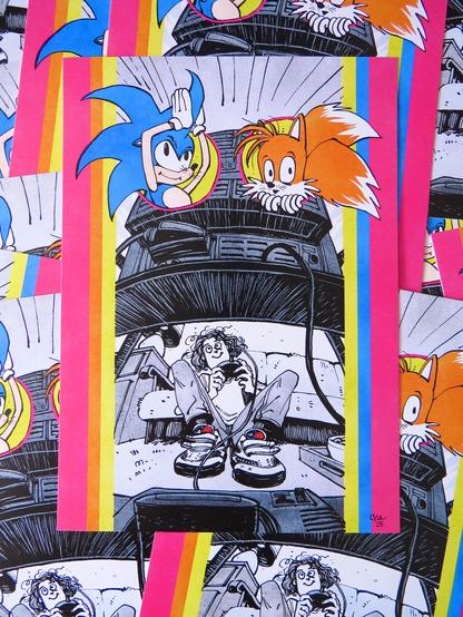 Un tas de tirages de l'illustration précédente (Cha de 13 ans, Sonic et Tails)