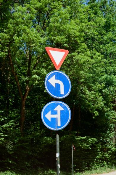 Blue, white and red roadsigns with green trees in the background