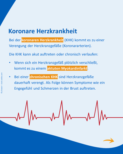 Erklärung zur koronaren Herzkrankheit (KHK). Text beschreibt die Verengung der Herzkranzgefäße und unterscheidet zwischen akutem Myokardinfarkt und chronischer KHK. Unten eine stilisierte rote EKG-Linie auf blauem Hintergrund.