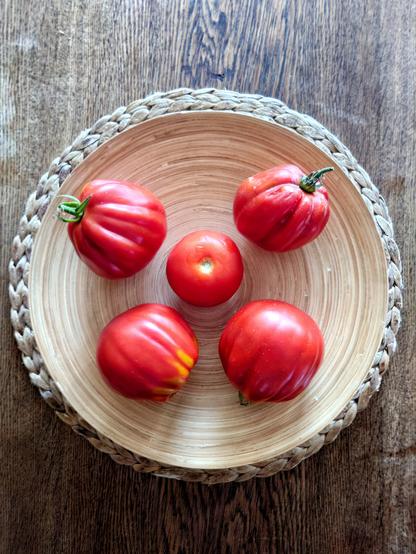 Zu sehen ist eine flache, runde Holzschale, die von oben aufgenommen wurde. Die Schale steht auf einer dunklen Holzplatte eines Tisches. In der Schale liegen vier Tomaten, die gleichmäßig um eine Tomate in der Mitte angeordnet sind.