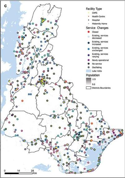 Map showing spatial distribution of health facility types and changes in services provided overlayed on 2022 population.
