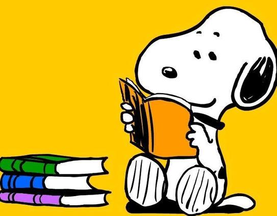 A yellow background has thewhite cartoon Beagle (dog) 'Snoopy' sat int he foreground reading a book. Next to him is a stack of books. The book he is reaing is orange, the stack of books are green, blue and pink. The whole image is still and calm.