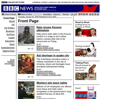 Screenshot of bbc.co.uk on January 27, 1999