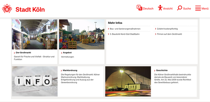 Screenshot der Website der Stadt Köln mit Bildern der noch belebten Großmarkthallen im Inneren und draußen und Links zum Großmarkt und dem vermeintlichen Vermietungsangebot der Stadt, sowie Links zu Wochenmärkten!