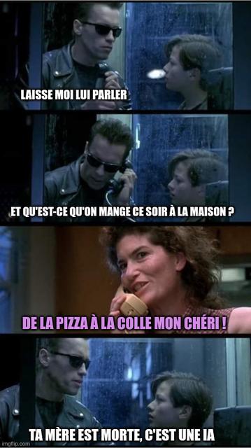 meme : scène de la conversation téléphonique dans Terminator 2, quand ils découvrent que la mère de John Connor a été tuée et remplacée par le T2

- Laisse moi lui parler
- (imitant la voix de John) Et qu'est-ce qu'on mange ce soir à la maison ?
- (T2 imitant la voix de la mère) de la pizza à la colle mon chéri !
- Ta mère est morte, c'est une ia.