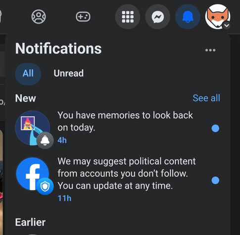 A Facebook notification:
We may suggest political content from accounts you don't follow. You can update at any time.