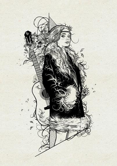 Hippy girl with guitar and birds. She is wearing an Afghan coat.