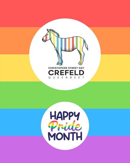 Logo vom Crefelder CSD und Schriftzug Happy Pride Month auf Regenbogen Hintergrund