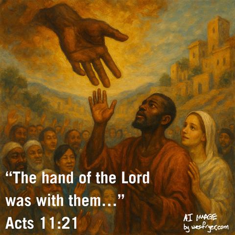 A biblical scene depicting a divine hand reaching toward a diverse group of people, who are expressing joy and hope. The text overlay quotes Acts 11:21, stating, "The hand of the Lord was with them..." The artwork features warm colors and