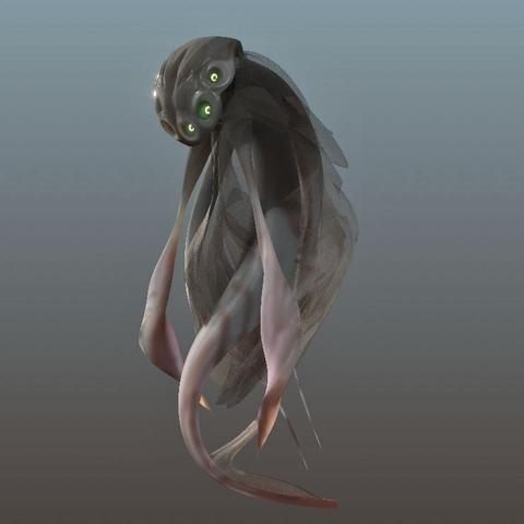 Digital sculpture of A strange tentacular eldritch sea creature with semitransluscent body and 6 glowing green eyes