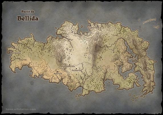 Old-style fantasy map illustration of a fictional world with topographical representation of the mountains. It has been drawn in black and white line art with a parchment-like background and subtle color.