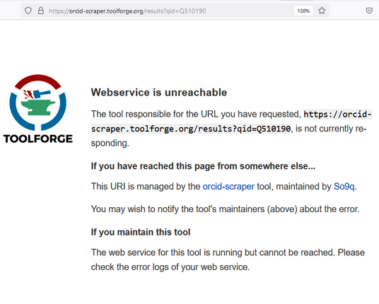 Screen shot of a HTTP 502 error saying "Webservice is unreachable" on wikimedia's toolforge server.