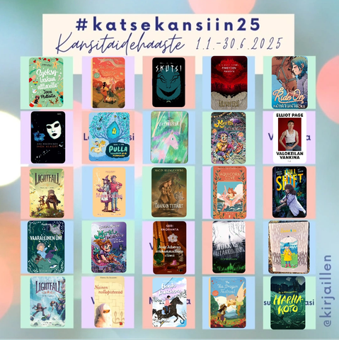 Kuvassa bingoruudukko Katse kansiin -lukuhaasteesta, johon on liitetty kirjojen kansikuvat päälle.