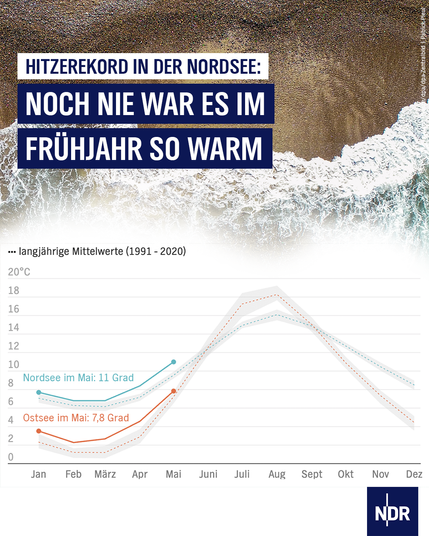 Hitzerekord in der Nordsee: Noch nie war es im Frühjahr so warm

Bild: Zwei Kurven beschreiben die die Temperaturentwicklung 2025. Sowohl für Nord- als auch Ostsee verläuft die diesjährige Kurve über dem langjährigen Mittelwert.