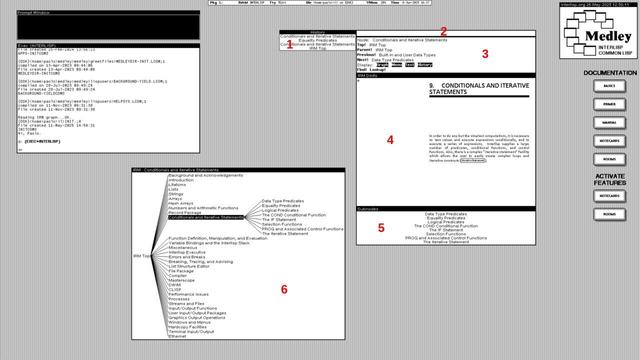Screenshot of the black and white desktop of a 1980s graphical workstation environment. The desktop has a gray background pattern and some windows with a white background and a title bar with white text on a black background. The main application on the desktop is a documentation browser made from 5 windows attached together by a side. A sixth window of the documentation browser is detached from the others and shows a graphical table of contents tree. A number in red marks each of the 6 windows.