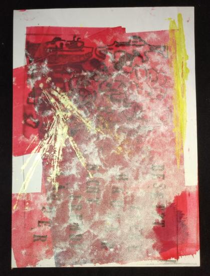 a screen printed collage with lot of red and a white cloudy structure in the foreground, in the background underneath the red, there are deformed weapons and almost unreadable a text saying "besetzt leere Häuser nicht fremde Länder" (occupy empty houses not foreign countries)