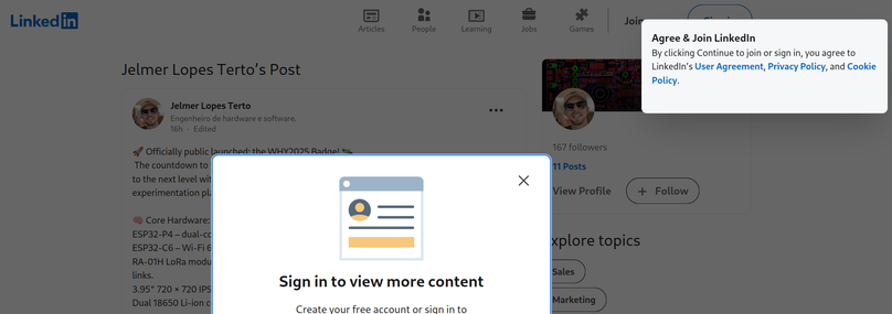 LinkedIn BlogPost on the #why2025 badge  with multiple Microsoft LinkedIn Login, Privacyz, ... popups preventing access to the content.