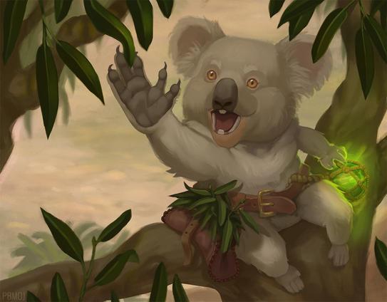Digital painting of a koala wearing a belt with a sachet full of leaves and a green glowing potion. The koala reaches out to some leaves in the foreground.
