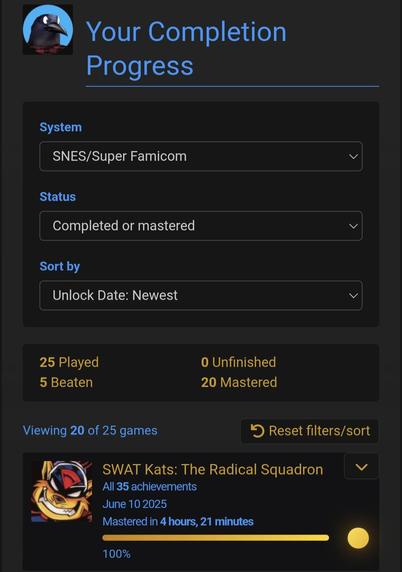 A screenshot from Ishambard's RetroAchievements page, it shows in his completion progress that he obtained all the achievements for SWAT Kats: The Radical Squadron on 10th June.