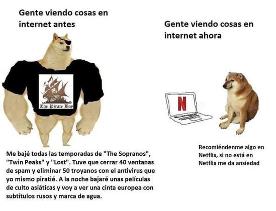 Dos Perros, uno musculoso, otro gordito
En la columna del Perro Musculoso, en la parte superior está escrito:
"Gente viendo cosas en internet antes "
Me bajé todas las temporadas de "The Sopranos", Netfli, si no estd en “Twin Peaks" y "Lost". Tuve que cerrar 40 ventanas y eliminar 50 troyanos con el antivirus que Yo mismo piratié. A la noche bajaré unas peliculas de culto asiaticas y voy a ver una cinta europea con subtitulos rusos y marca de agua. 

En la columna donde está el perro gordito está escrito:
 Gente viendo cosas en internet ahora
Recomiéndenme algo en Netflix, si no está Netflix me da ansiedad