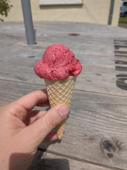 A hand holding an ice cone with ice.