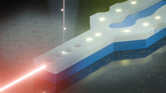 Artistic depiction of a single erbium ion being implanted into a silicon-based optical nanocavity. A focused ion beam (top) delivers individual erbium ions with nanometer precision, while a laser (left) laterally couples light into the nanocavity to excite the ion. The excited erbium ion emits single photons in the telecom C-band, enabling scalable quantum light sources compatible with existing fiber networks.

Source: B. Schröder/HZDR