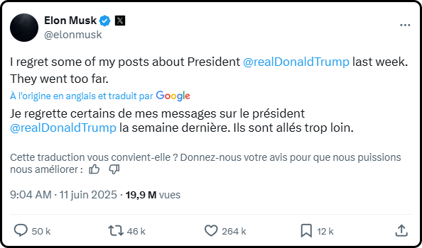 Elon Musk sur Twitter, 11 juin : "je regrette certains de mes messages sur le président Trump la semaine dernière. Ils sont allés trop loin."