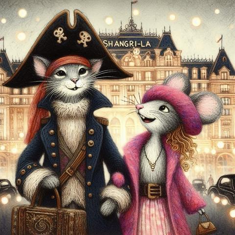 KI-Bild (DALL•E3):

Das Katz und Miss Meeps beim Verlassen des Hotels. Beide haben sich hübsch gemacht und sind froh, dass sie den ganzen gekauften Käse jetzt nicht schleppen müssen! So haben sie nur Handgepäck und ihre schönen Piratinnen-Outfits zu tragen: Das Katz geht in schwarzer langer Uniformjacke, beigem Pulli und schwarzen Piratinnenhütchen mit rotem Tuch. Ihre Mausfreundin trägt heute einen pinken Mantel, pinkes voluminöses Stirnband und dazu ein Sommerkleid in hellgrau mit hellrosanem Rock.