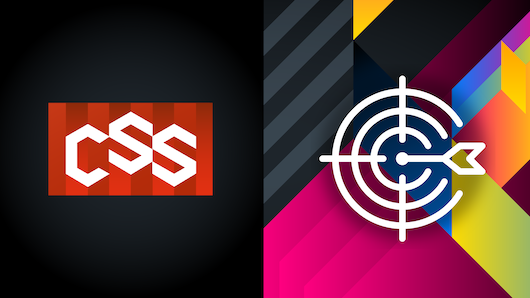CSS logo on left and abstract target and arrow icon on right