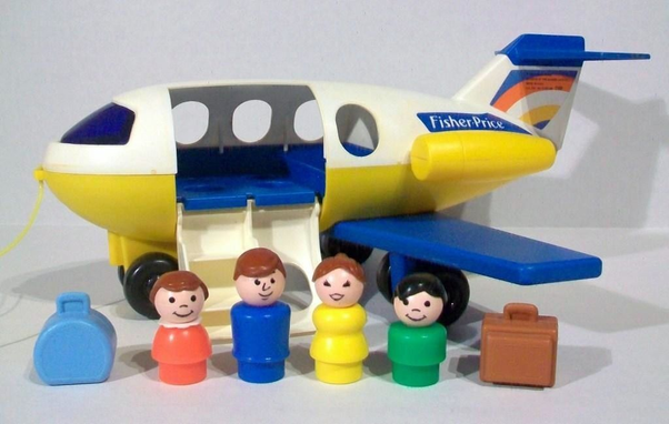 A Fisher Price plastic toy airplane that has an opening side door, and "Little People" and their luggage that you could put inside the airplane.