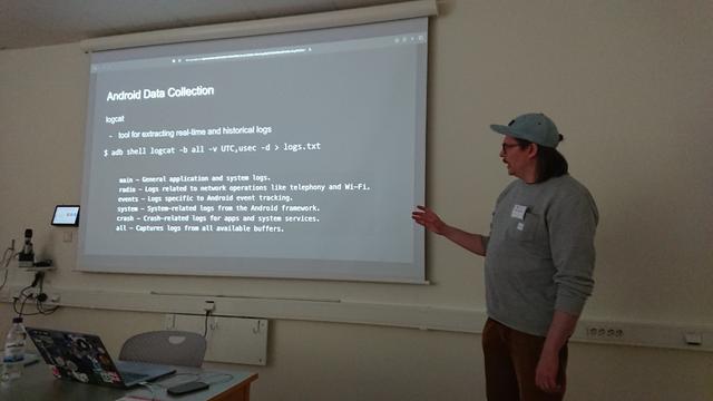 Lecture slide showing logcat use for Android data collection