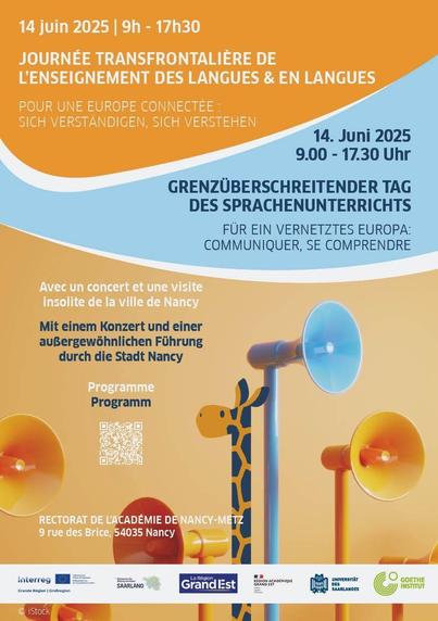 Flyer pour l'événement décrit dans le pouet. En français et en allemand sont en outre indiqués:
Pour une Europe connectée. Communiquer, se comprendre.
Avec un concert et une visite insolite de Nancy.
Les logos notamment de l'université de la Sarre, de l'institut Goethe, de la région Grand Est figurent en bas.