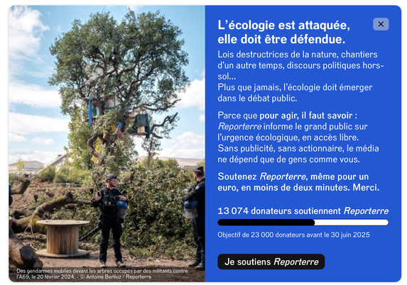 Appel à don sur la page d'accueil du site de Reporterre