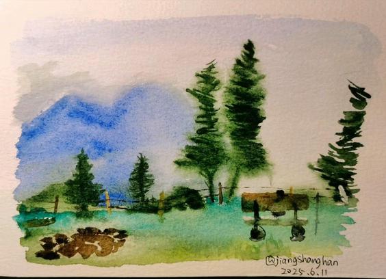 watercolor: blue mountain, green tree