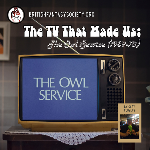 A nostalgic view of an old 1970s TV sitting on a table on top of a doily. On the screen is the opening titles for The Owl Service from 1969.