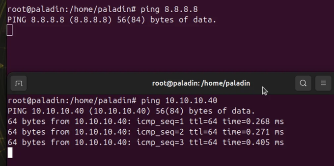 Image of two terminal windows, one attempting to ping 8.8.8.8 and a second one pinging an IP address in the local network
