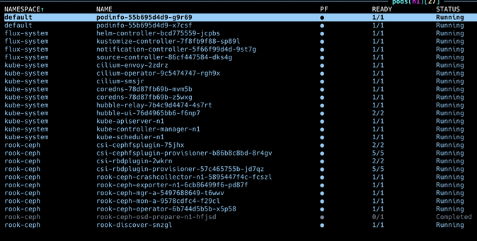 screenshot of k9s showing various kubernetes services running, flux (for ci-cd) and ceph (for volume management).