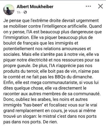 Je pense que l'extrême droite devrait urgemment se mobiliser contre l'intelligence artificielle. Quand on y pense, l'IA est beaucoup plus dangereuse que l'immigration. Elle va piquer beaucoup plus de boulot de français que les immigrés et potentiellement nos relations amoureuses et sociales. Mais elle s'arrête pas à notre vie, elle va piquer notre électricité et nos ressources pour sa propre gueule. De plus, l'IA n'apprécie pas nos produits du terroir, elle boit pas de vin, n'aime pas le comté et ne fait pas les BBQs du dimanche. Enfin, elle est mega communautariste, si vous lui dites quelque chose, elle va directement le raconter aux autres membres de sa communauté. Donc, oubliez les arabes, les noirs et autres immigrés "has-been" et focalisez vous sur le vrai grand remplacement en cours, je vous ai même trouvé un slogan: le mistral c'est dans nos ports pas dans nos ports. De rien.