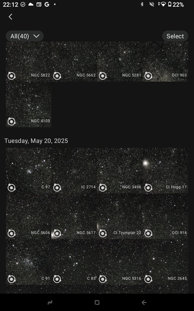 A series of small thumbnails showing clusters of stars.