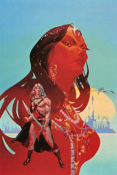 Cover of Lin Carter's "The Enchantress of World's End" by Michael Whelan. Featuring Zelmarine, the Queen of Red Magic and her city in the background and the warrior Ganelon Silvermane in the foreground.