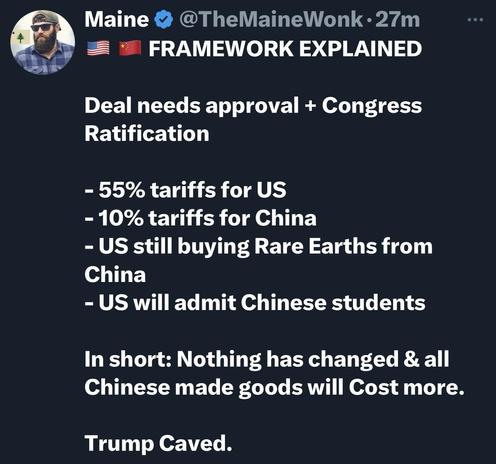 A social media post explaining a trade deal between the US and China. It outlines tariff percentages, ongoing purchases of rare earths, and the admission of Chinese students. The summary suggests that prices for Chinese goods will increase and concludes with the remark…