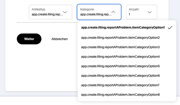 Screenshot der PayPal-Website. Es sind verschiedene Dropdowns zu sehen, deren Labels offenbar nicht übersetzt sind, da nur Platzhalter zu sehen sind.