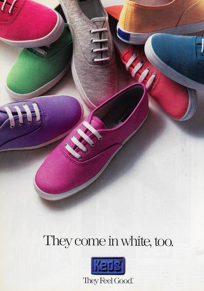 Many colorful straight, right shoes are seen. The advertisement says they come in white as well.