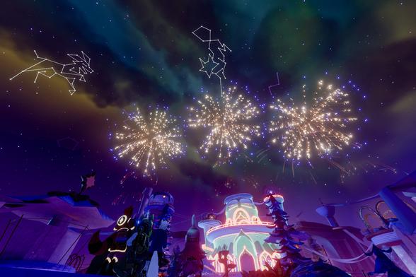 Screenshot from vrchat. Fireworks under a colourfull sky. Two constellations, one of a dog and one of a fox are outlined. A luminescent castle and spectators can be seen in the bottom of the image.