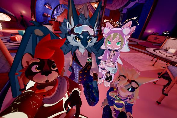Screenshot from vrchat. A selfie of 4 friends in a cozy decor.