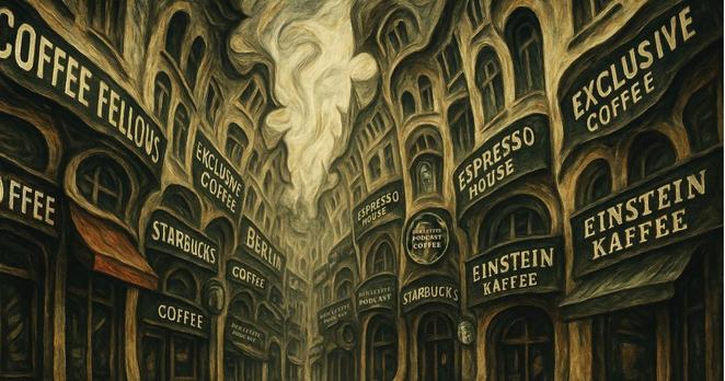 Surrealistisches Gemälde in blassen Farben, das die Häuserfassade einer Einkaufspassage zeigt. Alle Läden sind von verschiedenen Café-Ketten bestzt. Darunter Haus an Haus Fillialen von "Espresso House", "Starbucks Coffee", "Exclusive Coffee" und "Der Letzte Podcast Coffee". Coverbild von "Der Letzte Podcast" Folge 515.