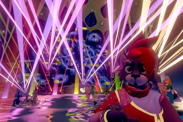 Vrchat screenshot. A selfie with the club fynn stage in the background with an impressive and colourful lightshow.