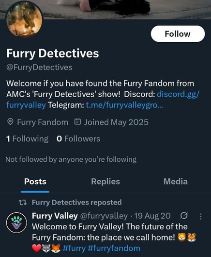 The @FurryDetectives BlueSky account only has one post: A boost of Furry Valley's welcome post from 2020.